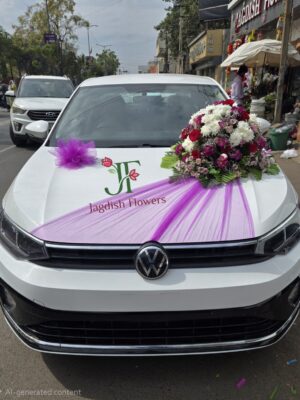 White Wedding Car Decoration with Pink Floral Net