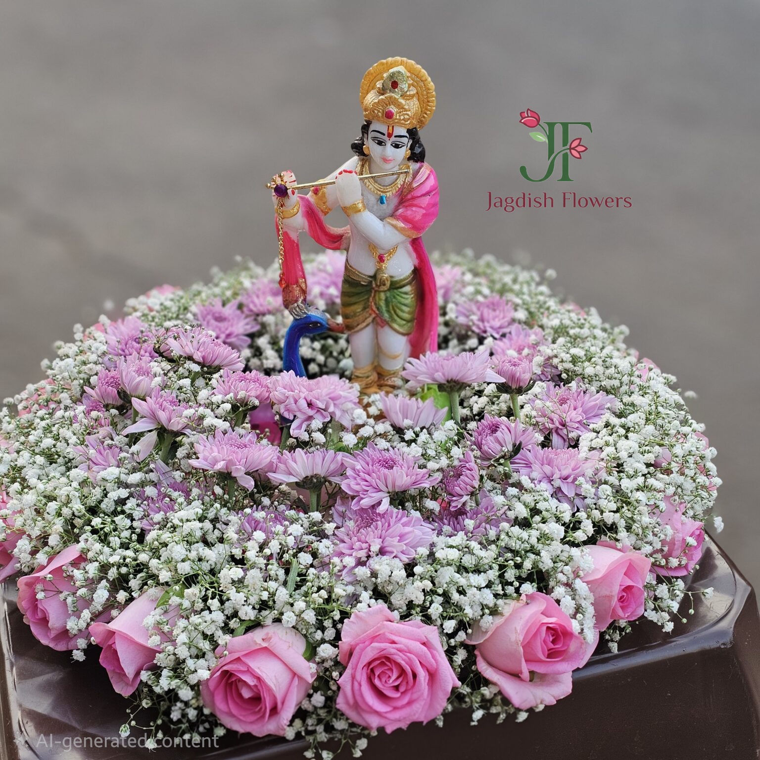 Premium wedding gift tray decoration with fresh flowers and floral styling and Krishna Statue