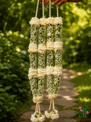 Elegant white Sevanti and Gypsophila wedding varmala handcrafted with fresh flowers
