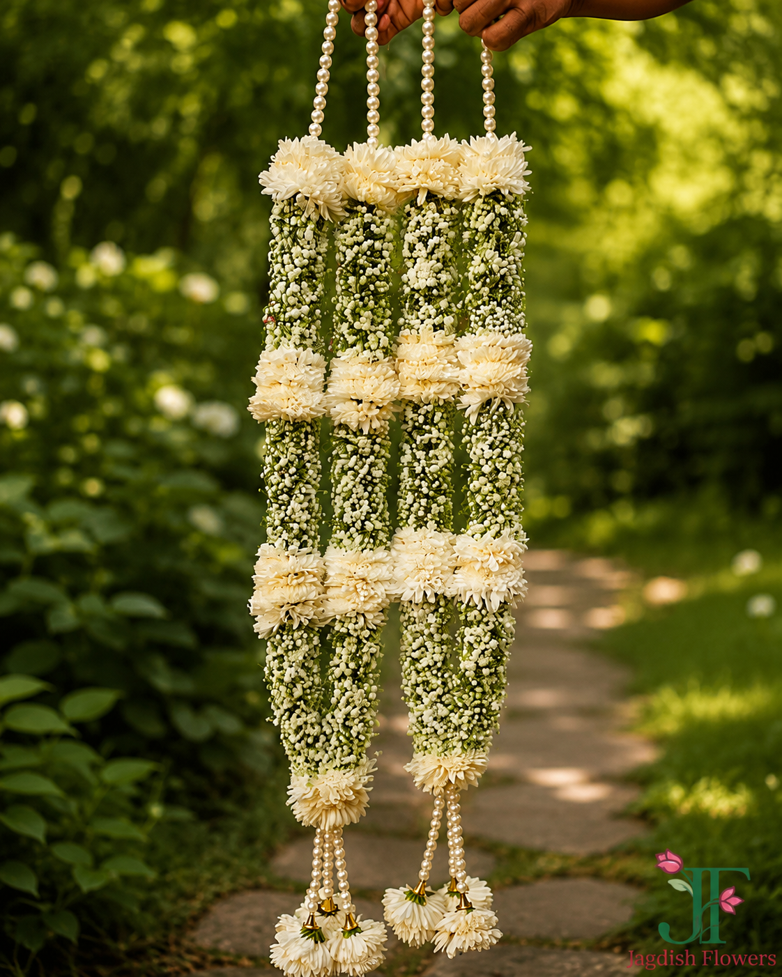 Elegant white Sevanti and Gypsophila wedding varmala handcrafted with fresh flowers