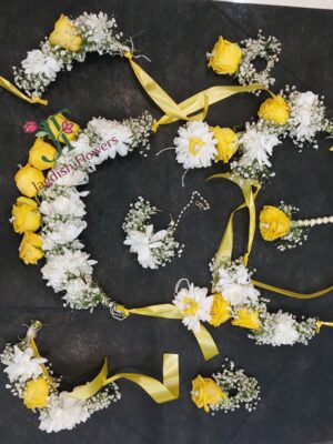 Yellow haldi flower jewellery for bridal haldi ceremony