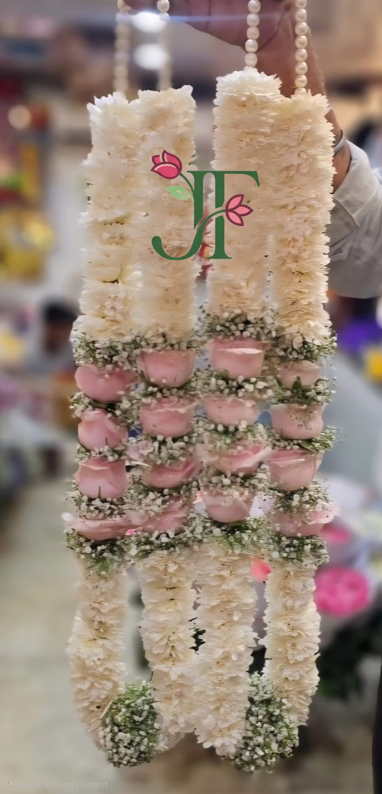 Elegant fresh rose garland featuring premium floral arrangements for festive occasions, pooja functions, mandir decoration, and spiritual celebrations with luxurious handcrafted flower decoration.