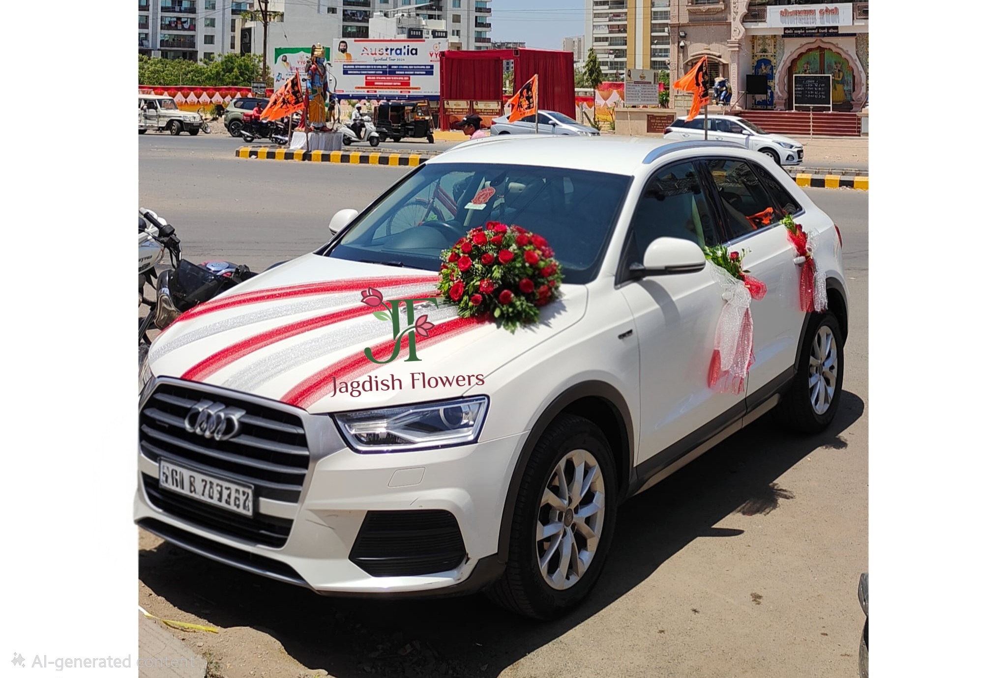 Red rose wedding car decoration with fresh floral arrangements for Indian weddings