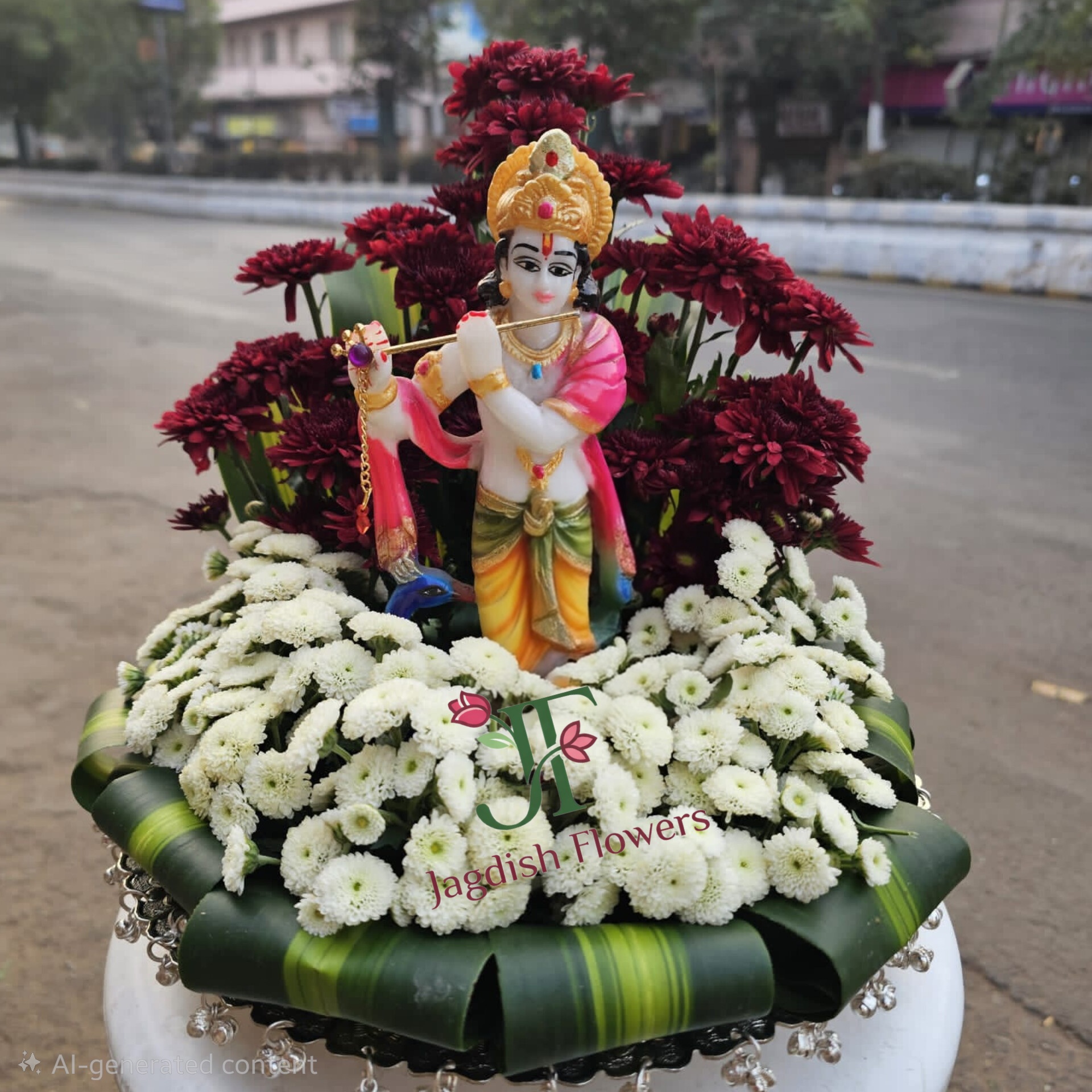 Royal floral tray decoration with fresh roses and krishna statue for wedding celebrations