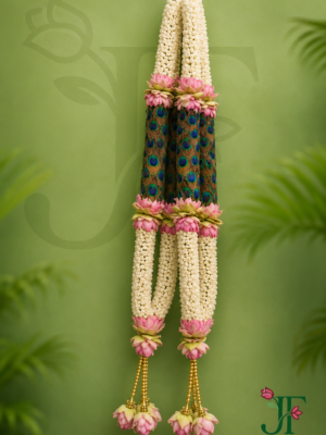 Royal Tagar, pink lotus, and Morpichh wedding varmala with elegant floral craftsmanship in Rajkot