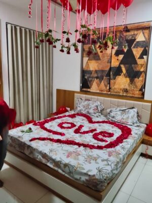 Romantic flower bed decoration with fresh flowers for wedding couples