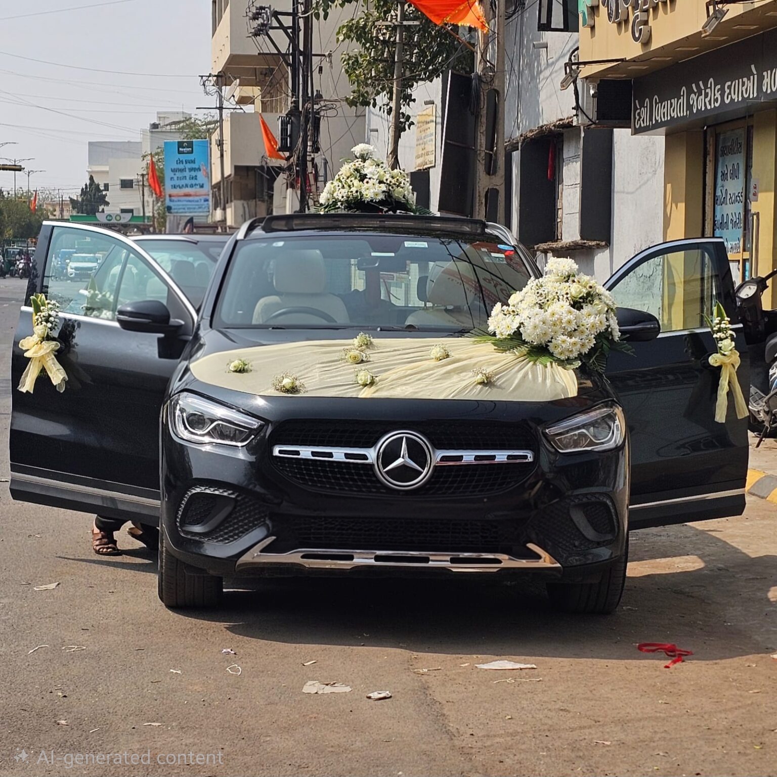 Premium white rose wedding car decoration with fresh flowers and elegant floral styling