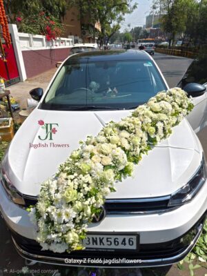 Luxury white floral wedding car decoration with fresh flowers for bridal entry car