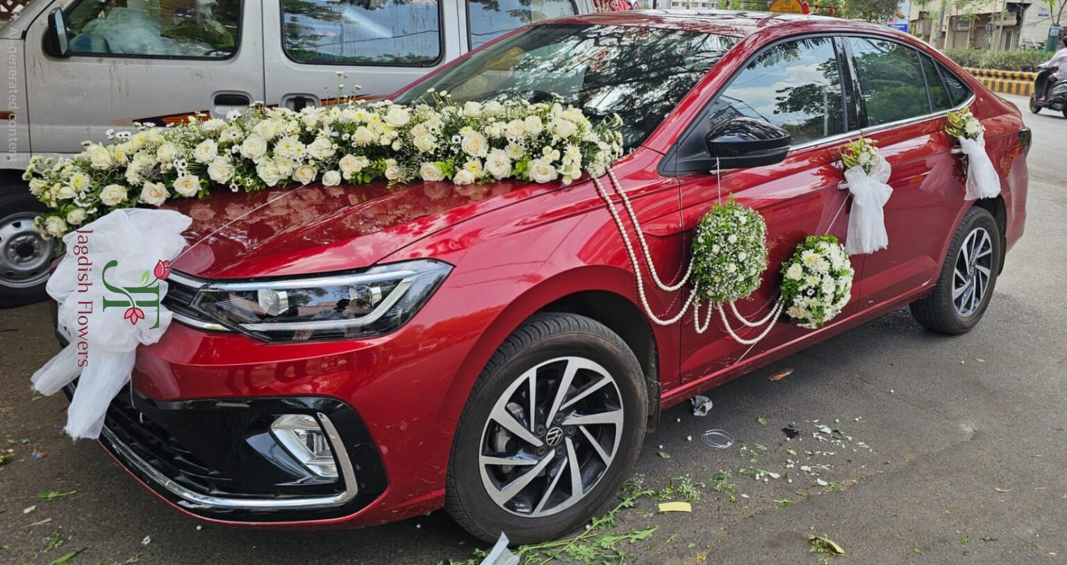 Red premium wedding car decoration with fresh white flowers and elegant floral styling