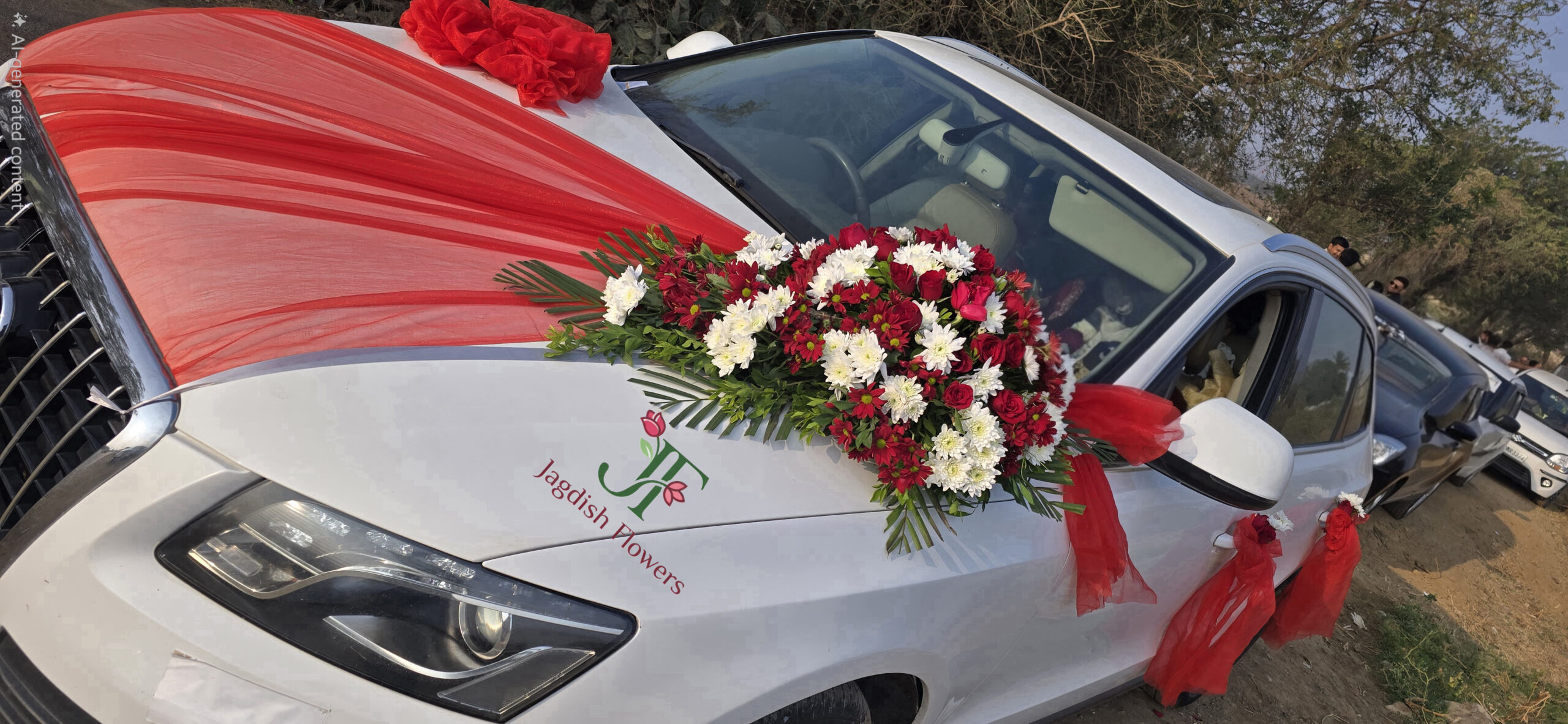 Red rose wedding car decoration with fresh flowers for bridal entry car design