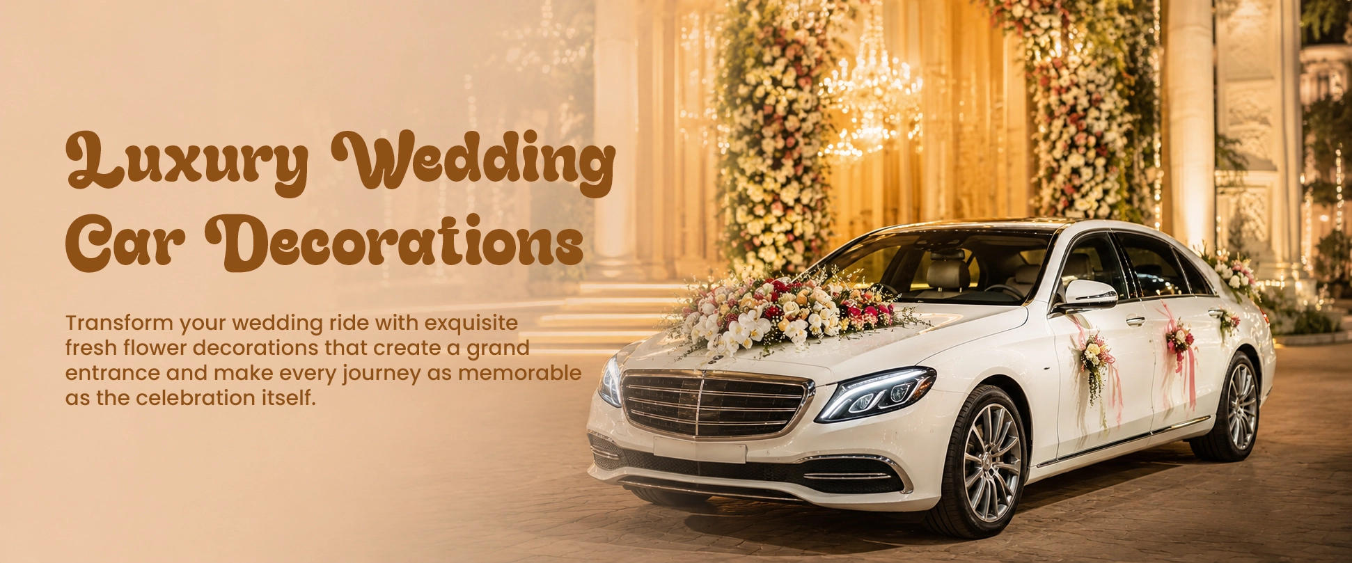 Luxury wedding car decorated with fresh flowers for bridal and groom entry in Rajkot.