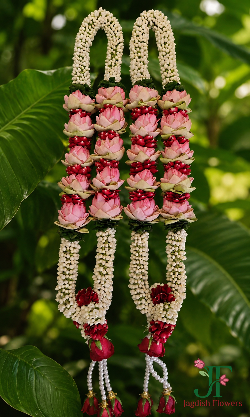 Royal Tagar, pink lotus, and red rose petal wedding varmala with premium floral design in Rajkot