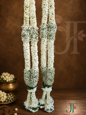 Premium Tagar and Gypsophila wedding mala handcrafted with fresh white flowers for Hindu marriage ceremony in Rajkot