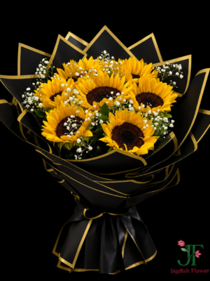 Premium original sunflower bouquet wrapped in elegant black paper with matching satin ribbon for special occasion gifting in Rajkot