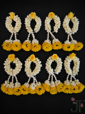 Mogra and yellow flower bridal hand bracelet with fresh fragrant blooms for Haldi, Mehndi, and wedding celebrations in Rajkot