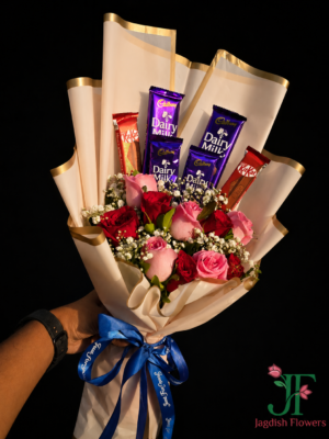 Pink and Red Rose and Mixed Chocolates with Gypsophila Flowers Bouquet at Jagdish Flowers