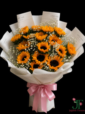 Luxury original bulk sunflower bouquet with fresh sunflowers, lush green foliage, and premium wrapping for elegant gifting in Rajkot