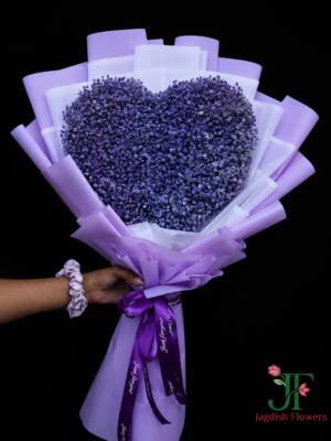 light purple Gypsophila heart bouquet wrapped in white and light purple premium paper with matching satin ribbon for romantic gifting in Rajkot