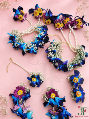 Blue Orchid, Purple Sevanti & Gypsophila Floral Jewellery Set for Haldi & Mehndi Rajkot