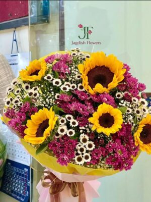 Sunflowers, Dark Perpal Bottam with Gypsophila at Jagdish Flowers