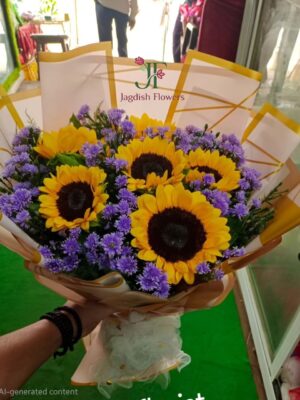Sunflower and Light Perpal flowers with Gypsophila at Jagdish Flowers