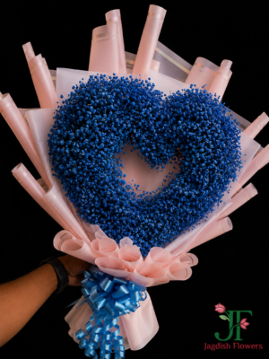 Luxury blue heart flower bouquet wrapped in premium double-layer paper with elegant ribbon for romantic gifting in Rajkot