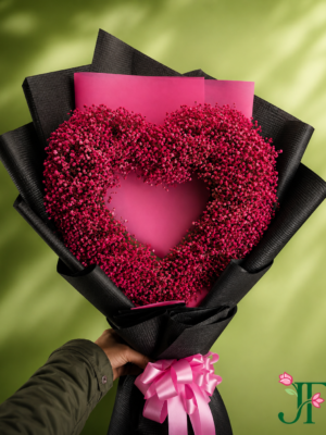 Premium Red Gypsophila Heart Bouquet with Black & Red Wrapping for Romantic Gifts Rajkot