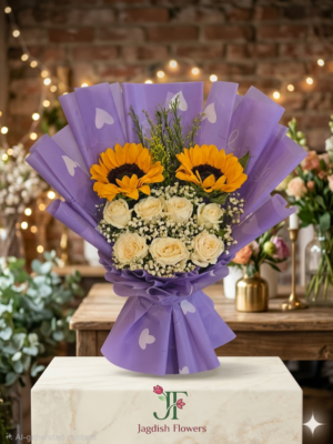 Exotic Sunflower and White Rose with Gypsophila Bouquet at Jagdish Flowers