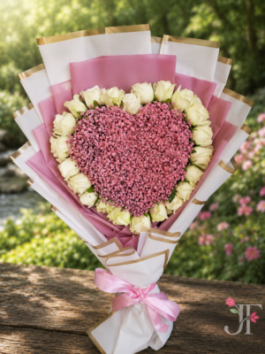 Premium pink Gypsophila and white rose heart bouquet wrapped in pink and white premium paper with matching satin ribbon for romantic gifting in Rajkot