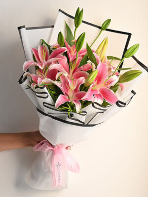 Premium Pink Lilies with Gypsophila Flower Bouquet at Jagdish Flowers