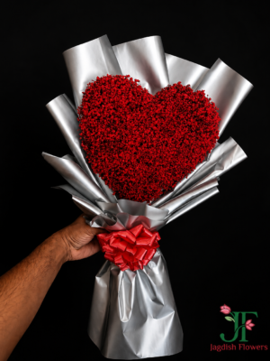 Luxury red Gypsophila heart bouquet wrapped in premium silver paper with matching satin ribbon for romantic gifting in Rajkot.