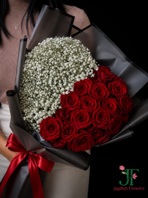 Premium bouquet featuring half fresh red roses and half white Gypsophila wrapped in elegant light black paper with matching satin ribbon for romantic gifting in Rajkot