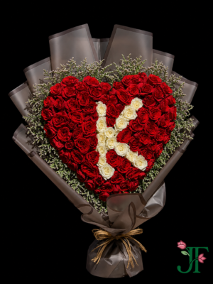 Red Rose & White Rose Alphabet Bouquet with Light Black Wrapping Rajkot