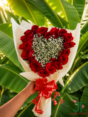 Premium red rose and white Gypsophila heart bouquet wrapped in elegant white paper with matching satin ribbon for romantic gifting in Rajkot