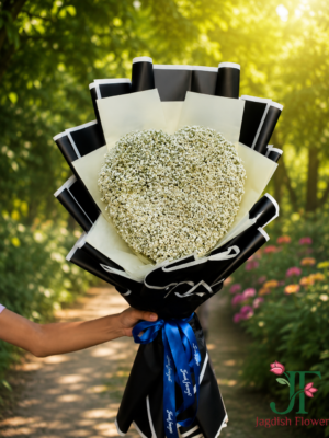 Classic white Gypsophila heart bouquet wrapped in premium white and black paper with matching satin ribbon for elegant gifting in Rajkot